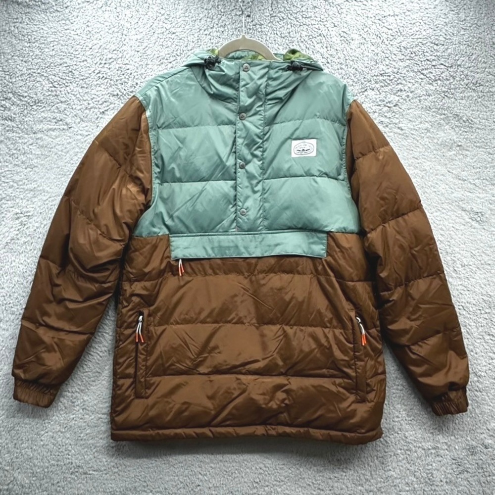Poler Outdoor Stuff Men's Large Hooded Puffer Down Jacket Colorblock Green Brown